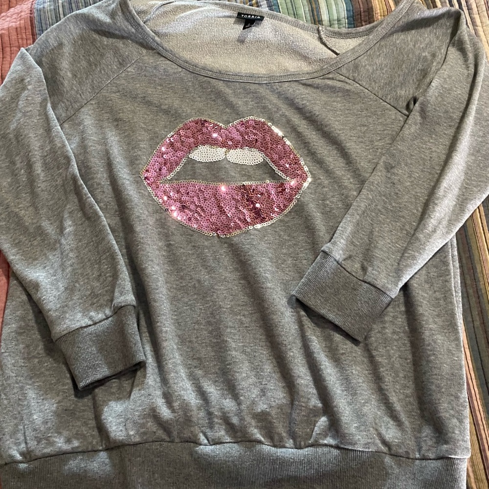 Torrid off the shoulder bling lips sweatshirt